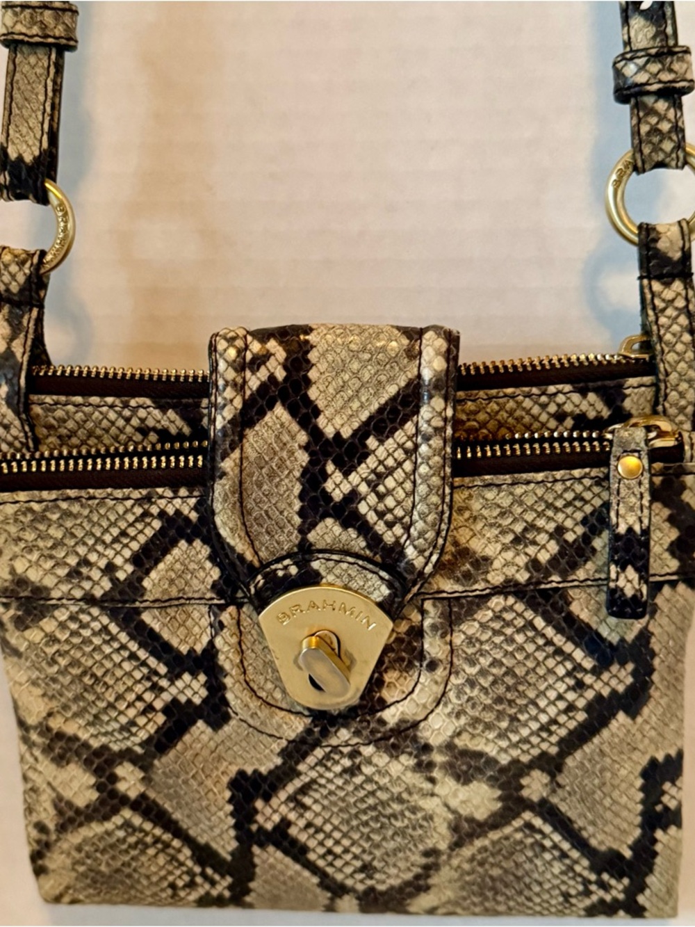 Brahmin Taupe Snake-Print Leather Shoulder Bag with Gold Hardware